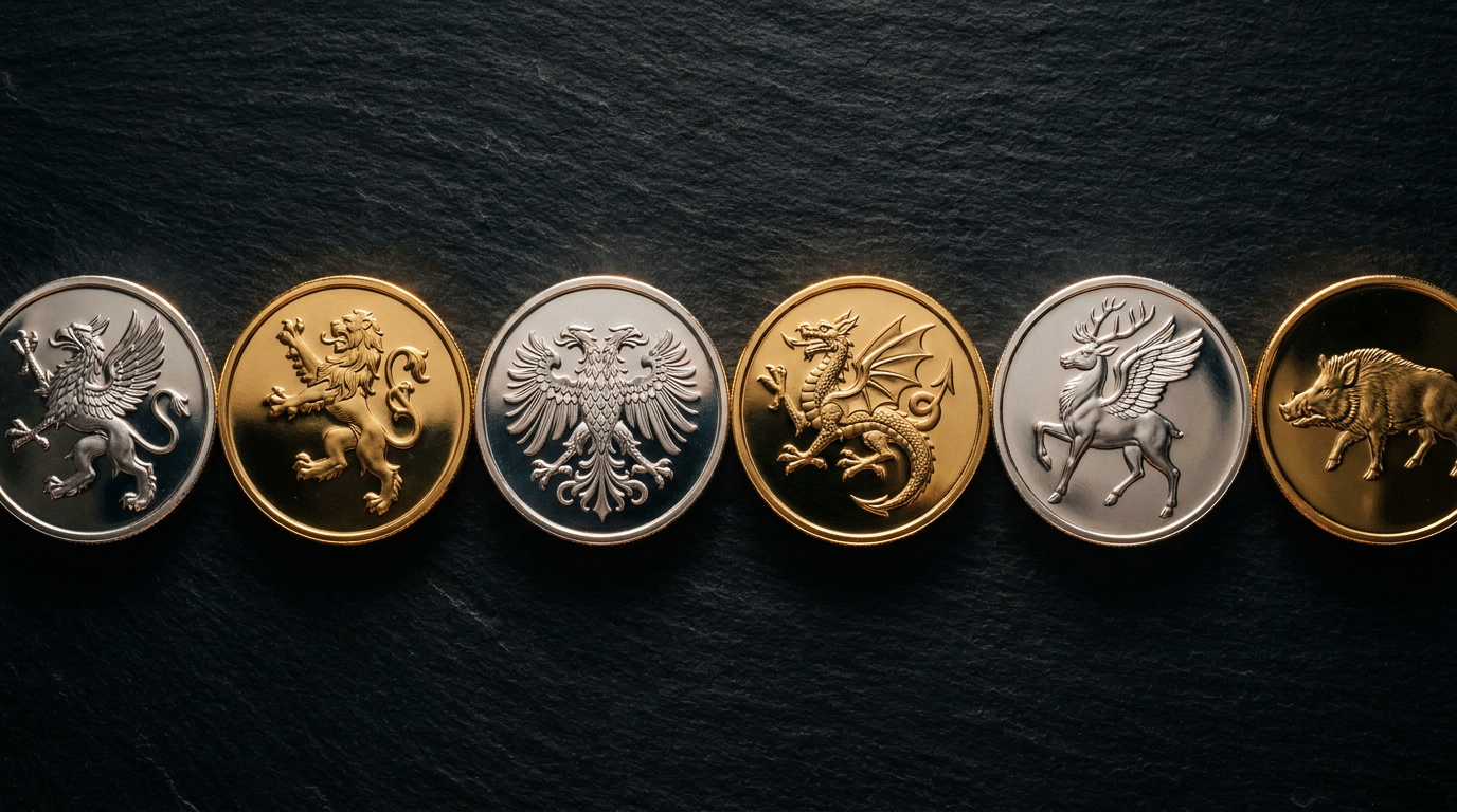 Mehrere Gold- und Silbermünzen der Tudor-Beasts-Serie nebeneinander auf dunklem Untergrund arrangiert