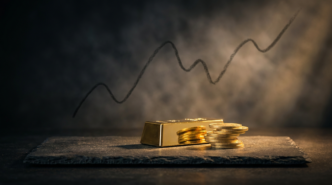 Cinematisches dunkles Stillleben mit einem Goldbarren und gestapelten Goldmünzen als Symbol für langfristige Marktzyklen