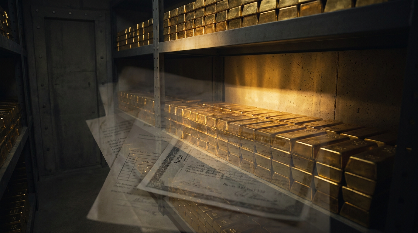 Gestapelte Goldbarren im Tresor mit transparent überlagerten Papierdokumenten als Sinnbild für Eigentum gegenüber Papieransprüchen.