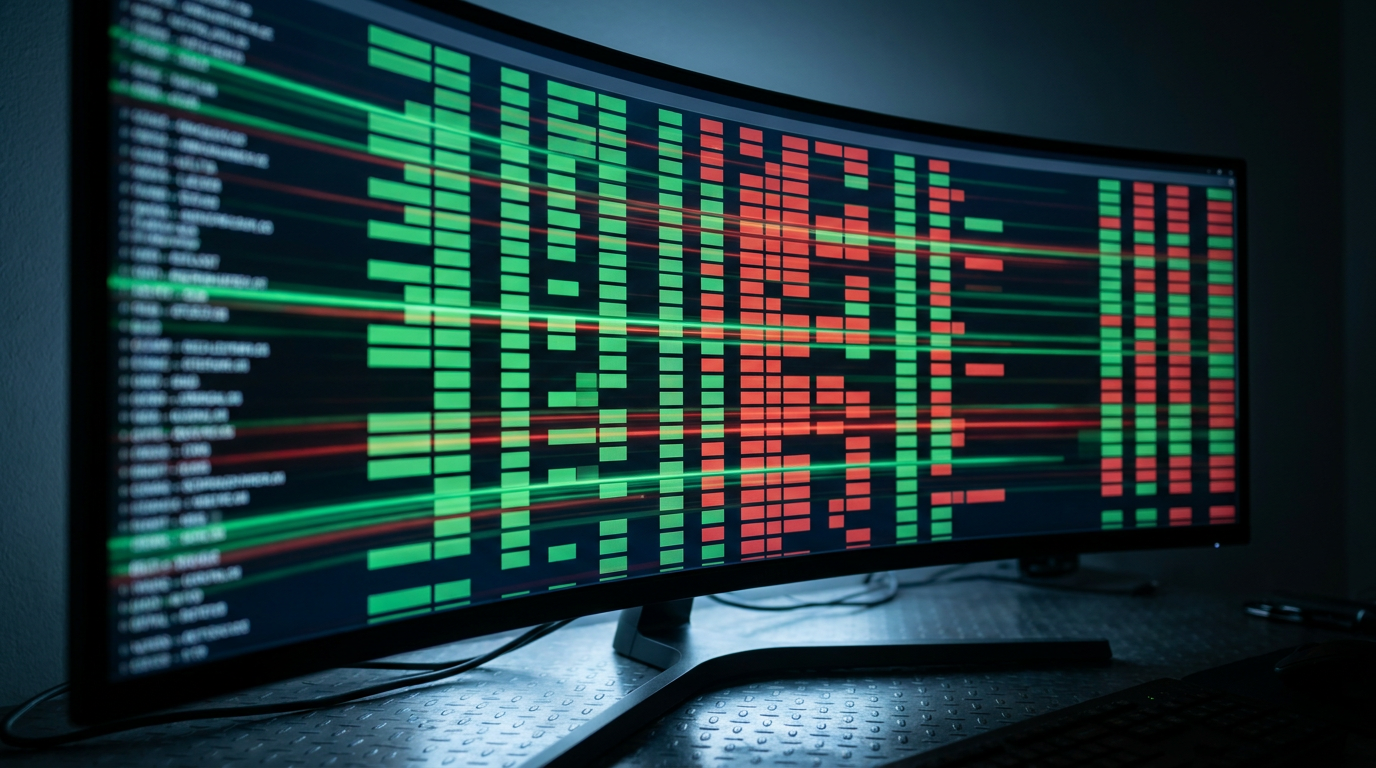 Handels-Terminal mit Orderbuch in Rot und Grün, einzelne Aufträge erscheinen und verschwinden -- Illustration der Spoofing-Technik.