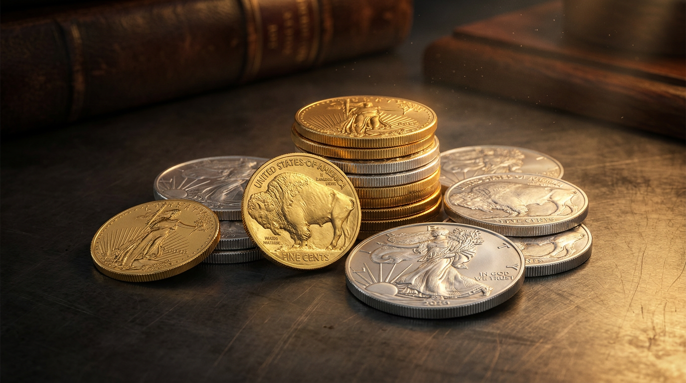 Amerikanische Gold- und Silbermünzen mit Adler- und Büffelmotiv auf dunklem Metalluntergrund