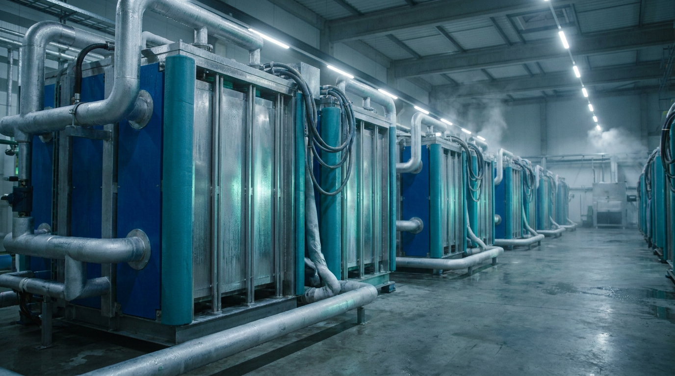 Moderne Elektrolyseur-Anlage mit metallischen Zellstapeln zur Erzeugung von grünem Wasserstoff in kaltem blauen Licht