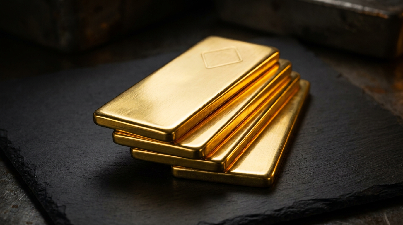 Gestapelte und aufgefächerte Schweizer Goldbarren auf dunklem Untergrund mit warmem Streiflicht