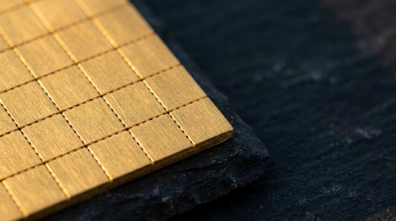 Teilbarer Goldbarren im Tafelformat, in kleine gleich große Segmente unterteilt, auf dunklem Schiefer