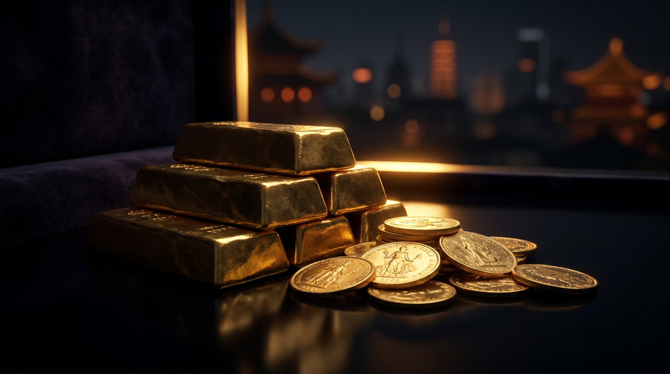 Gestapelte Goldbarren und Goldmünzen in cinematic Beleuchtung vor dunklem Hintergrund