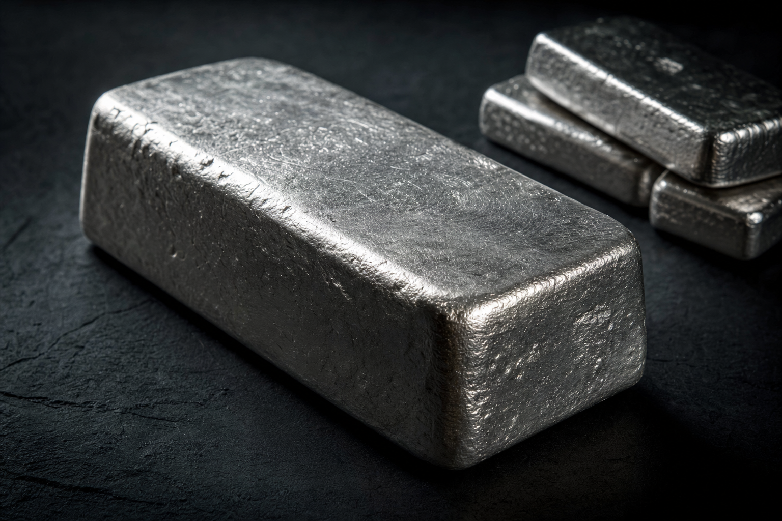 Ein Kilogramm-Silberbarren mit kleineren gegossenen Barren auf dunklem Untergrund