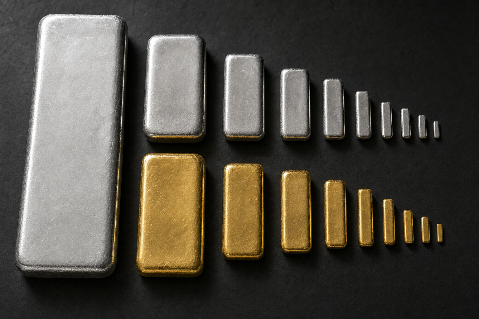 Gold- und Silberbarren in verschiedenen Gewichtsstufen von einem Gramm bis zum Kilobarren