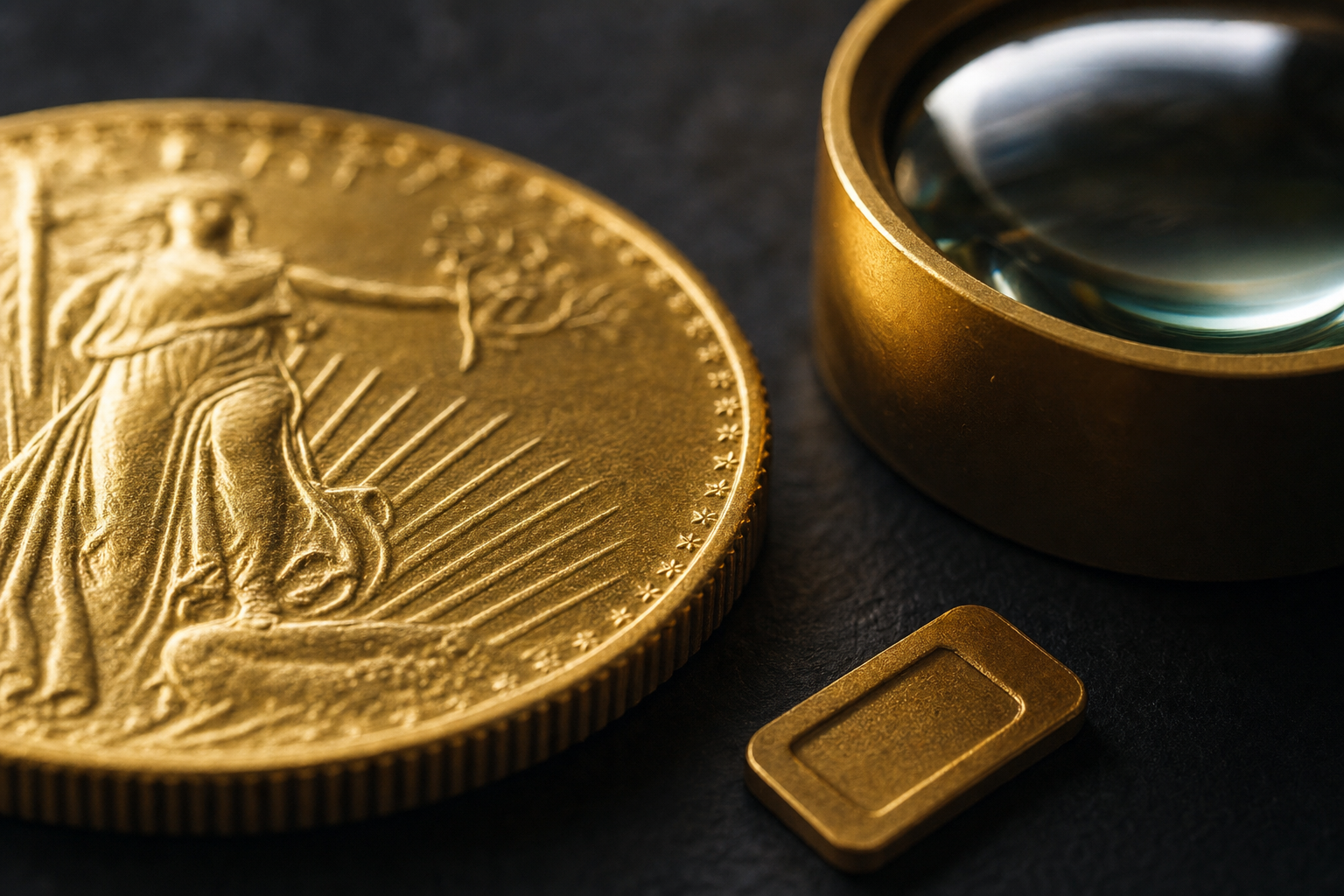 Goldmünze unter einer Lupe als Symbol für die Prüfung von Feingehalt und Echtheit