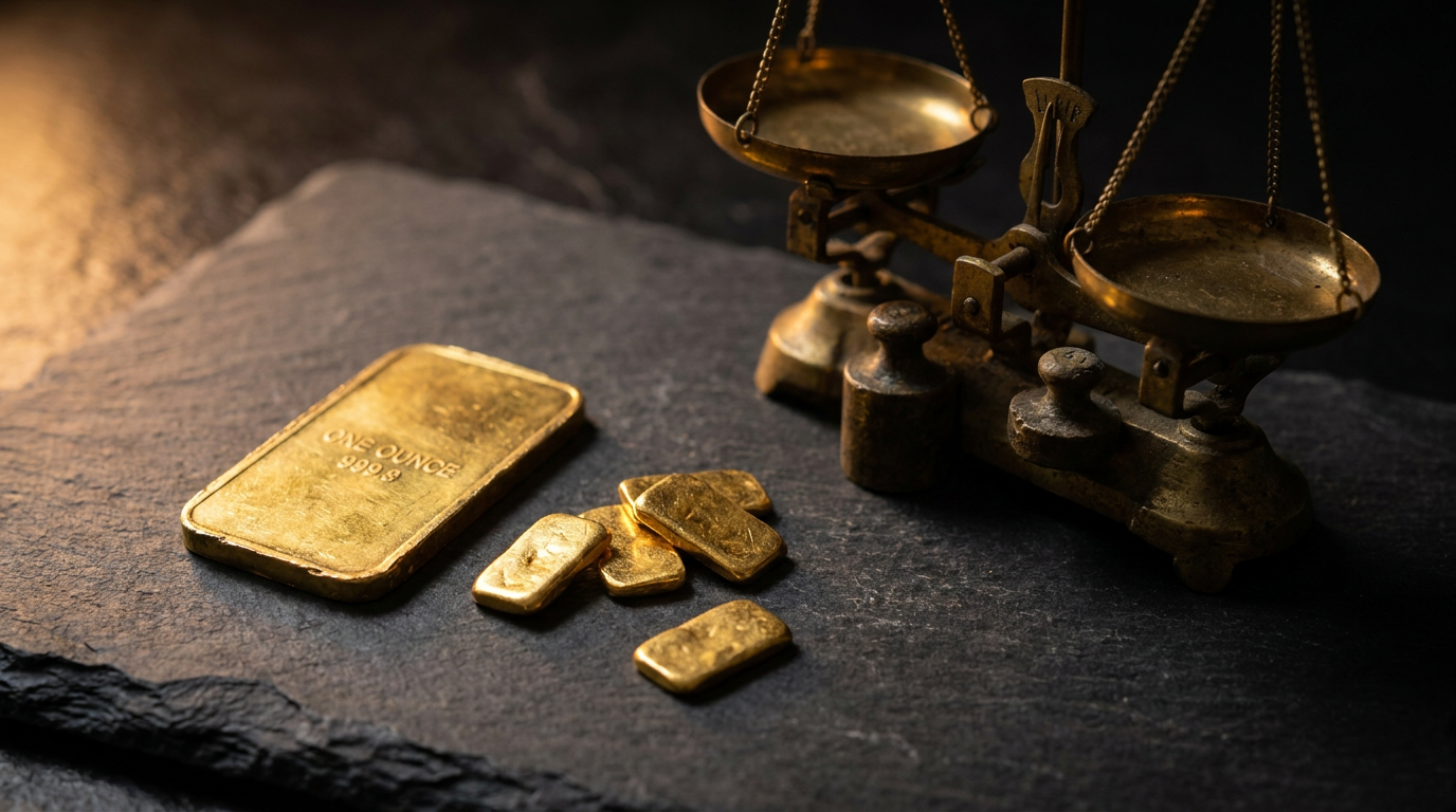 Goldbarren unterschiedlicher Größe neben einer alten Balkenwaage im Studiolicht