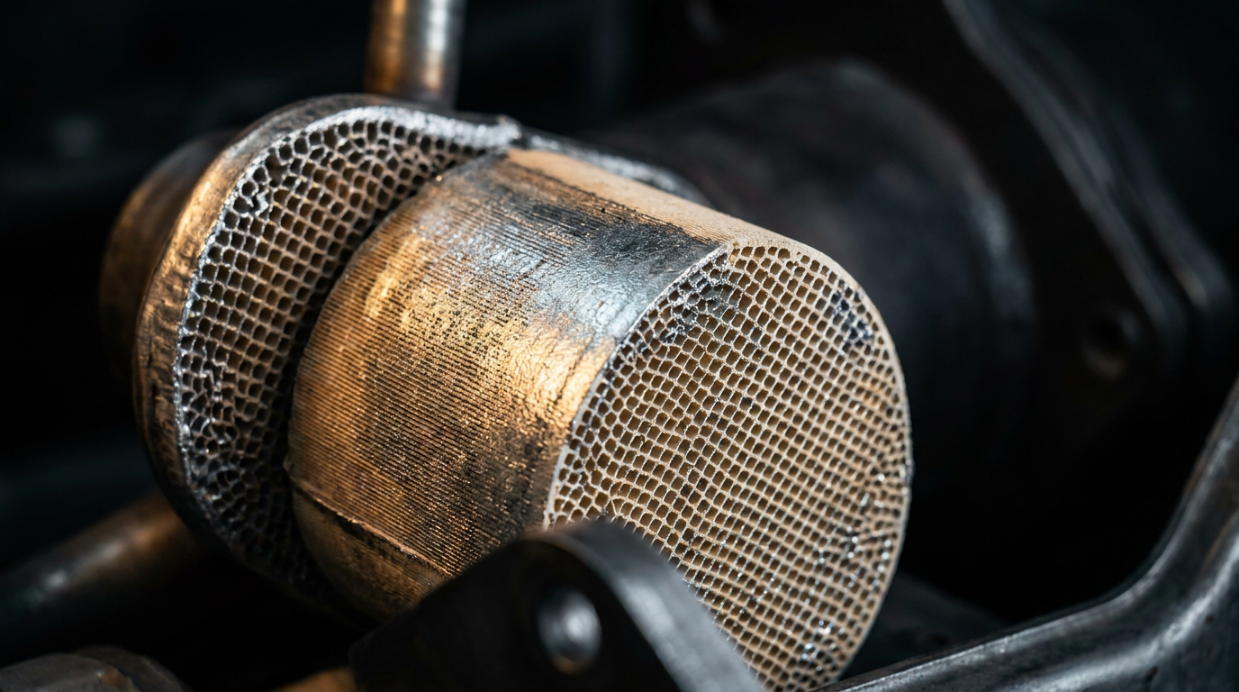 Aufgeschnittener Autokatalysator mit Wabenkeramik und Edelmetallbeschichtung im dunklen Licht