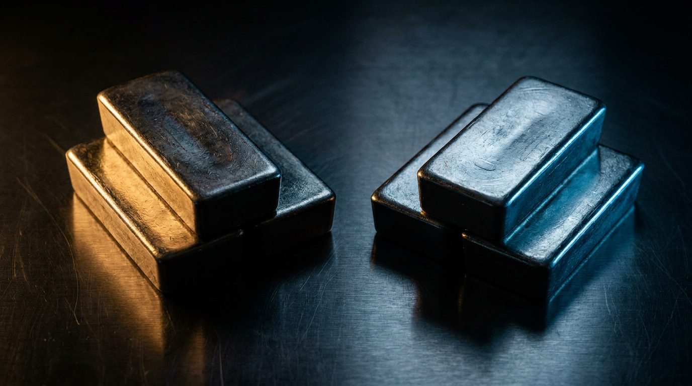 Platin- und Palladiumbarren nebeneinander auf dunklem Metalluntergrund