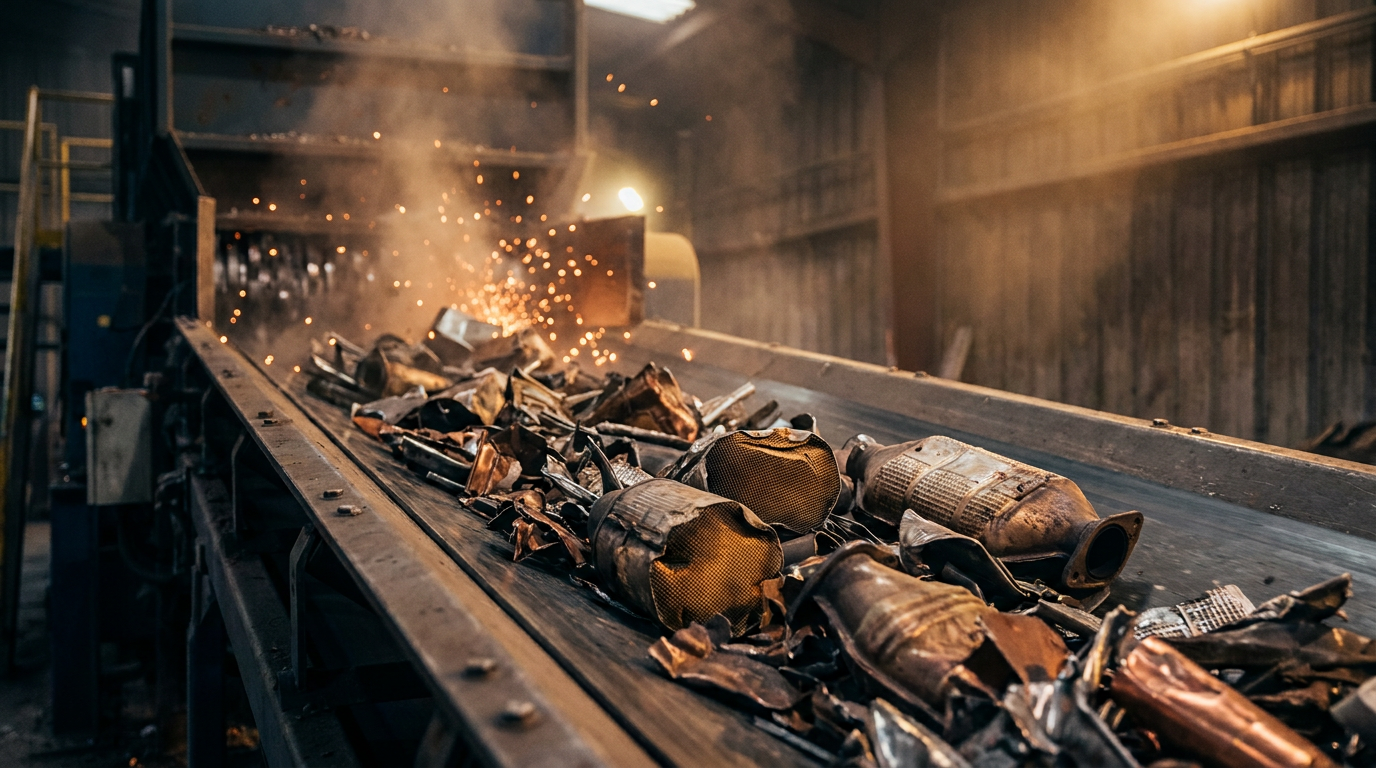 Altkatalysatoren und Metallschrott auf einem Förderband in einer Recyclinganlage