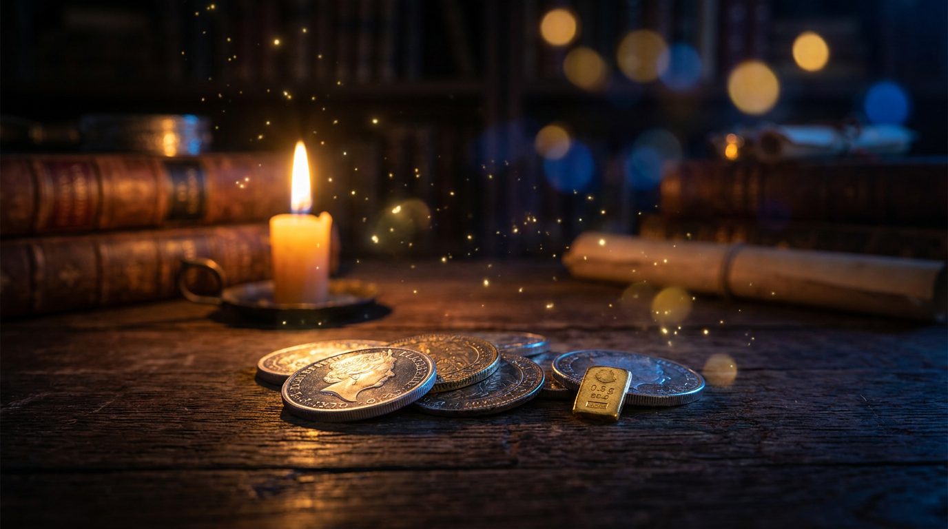 Silberne Sammlermünzen und ein kleiner Goldbarren auf dunklem Holz in magischer Kerzenlicht-Atmosphäre