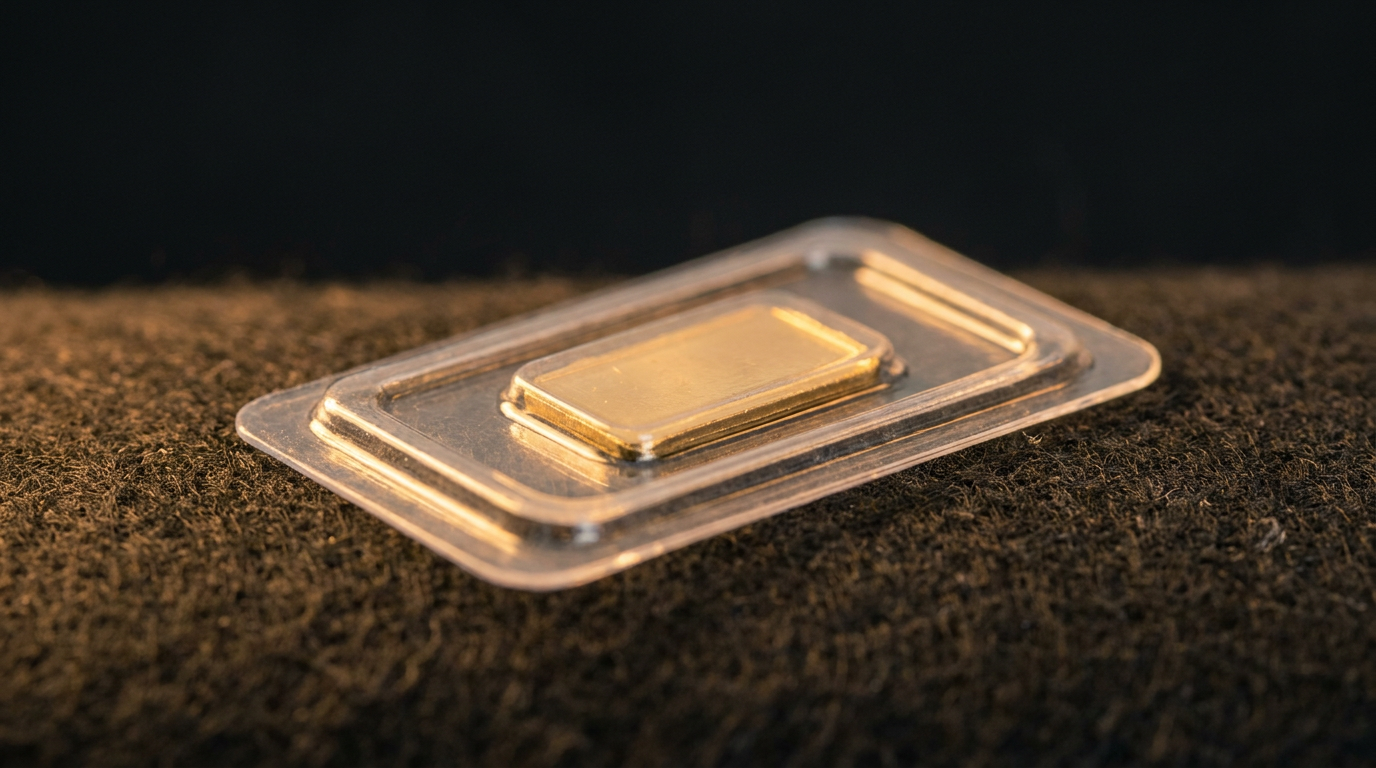 Ein 0,5-Gramm-Goldbarren in transparenter Blisterverpackung auf dunklem Untergrund mit warmem Licht