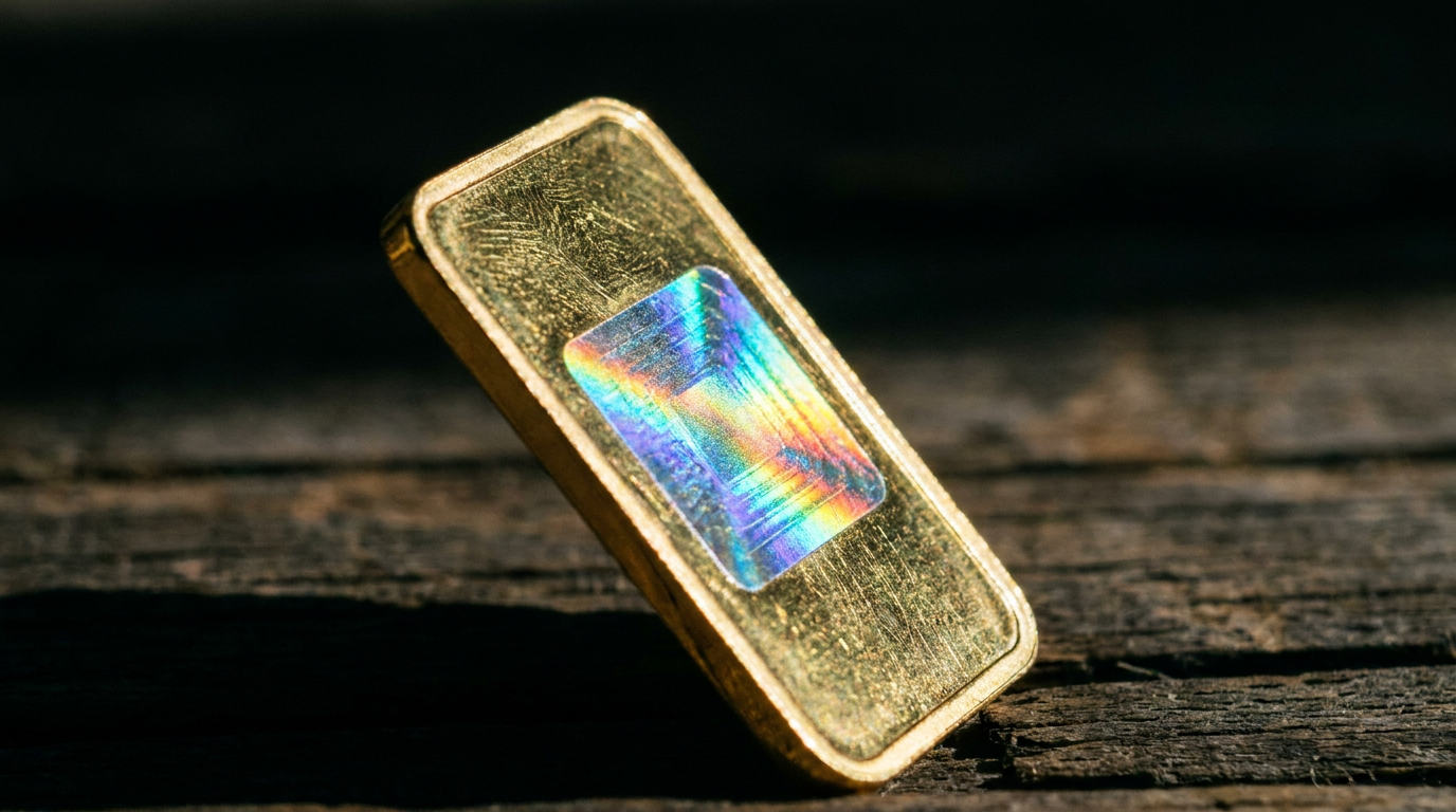 Goldbarren mit schimmerndem holografischem Sicherheitselement auf der Rueckseite