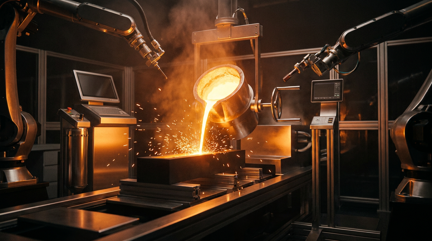 Fluessiges Gold wird in einer modernen Raffinerie in eine Barrenform gegossen
