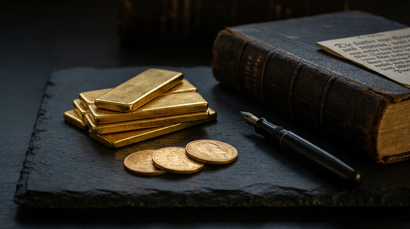 Goldbarren und Goldmünzen neben einem aufgeschlagenen Gesetzbuch im warmen Streiflicht