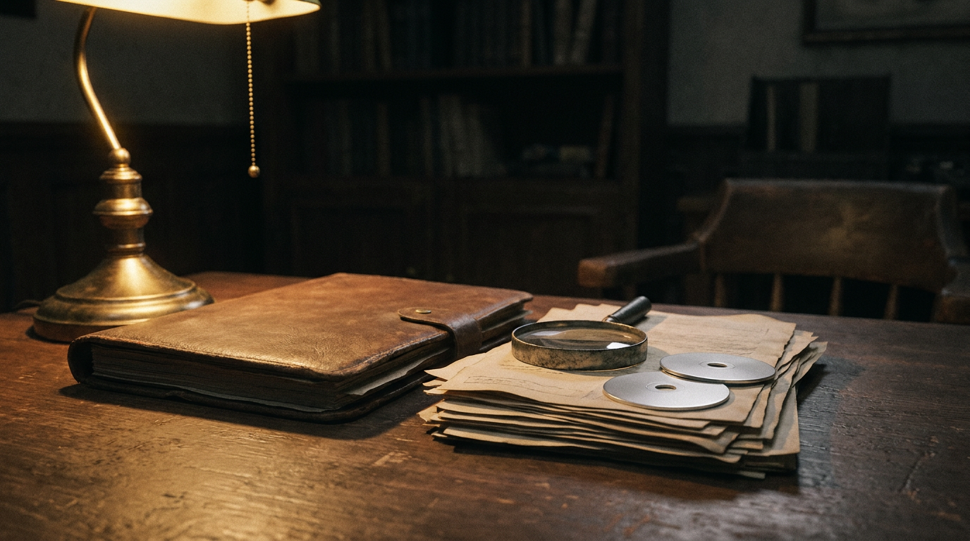 Schreibtisch mit gestapelten Kaufbelegen, Dokumentenmappe, Lupe und zwei Silbermünzen