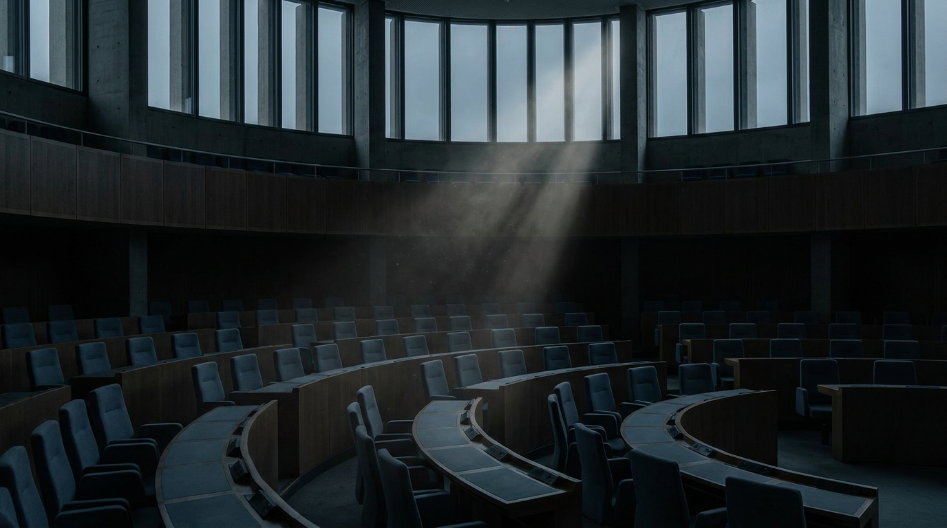 Leerer Plenarsaal im Dämmerlicht mit Lichtstrahl durch hohe Fenster