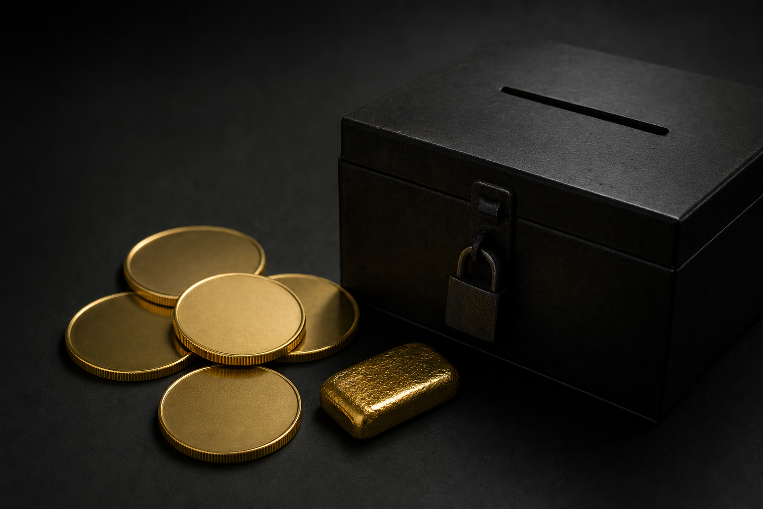 Goldmünzen und ein kleiner Goldbarren neben einer dunklen Wahlurne