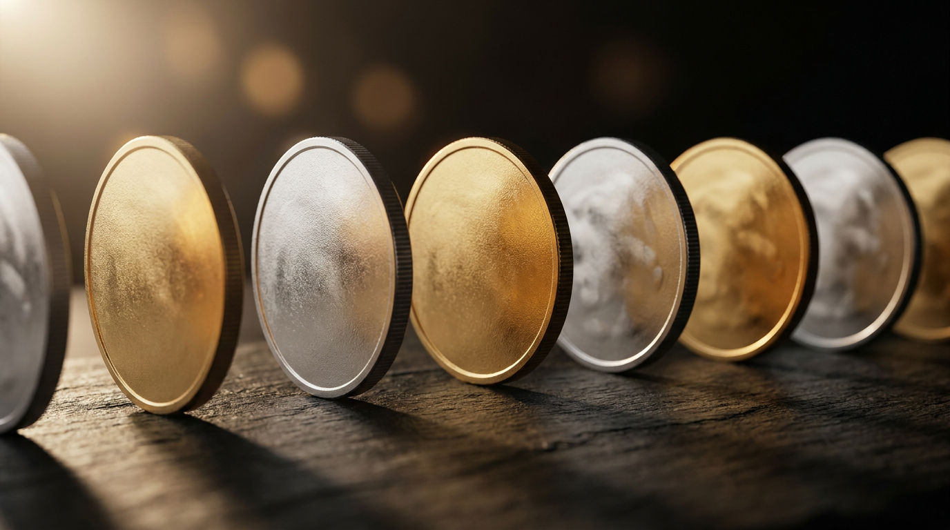 Reihe von Gold- und Silbermünzen auf dunklem Schiefer als Sinnbild für aufeinanderfolgende Prägejahrgänge