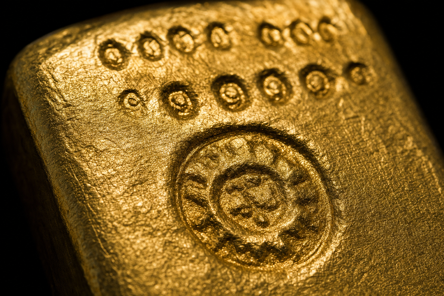 Makroaufnahme der eingeschlagenen Prägung auf der Oberseite eines Goldbarrens