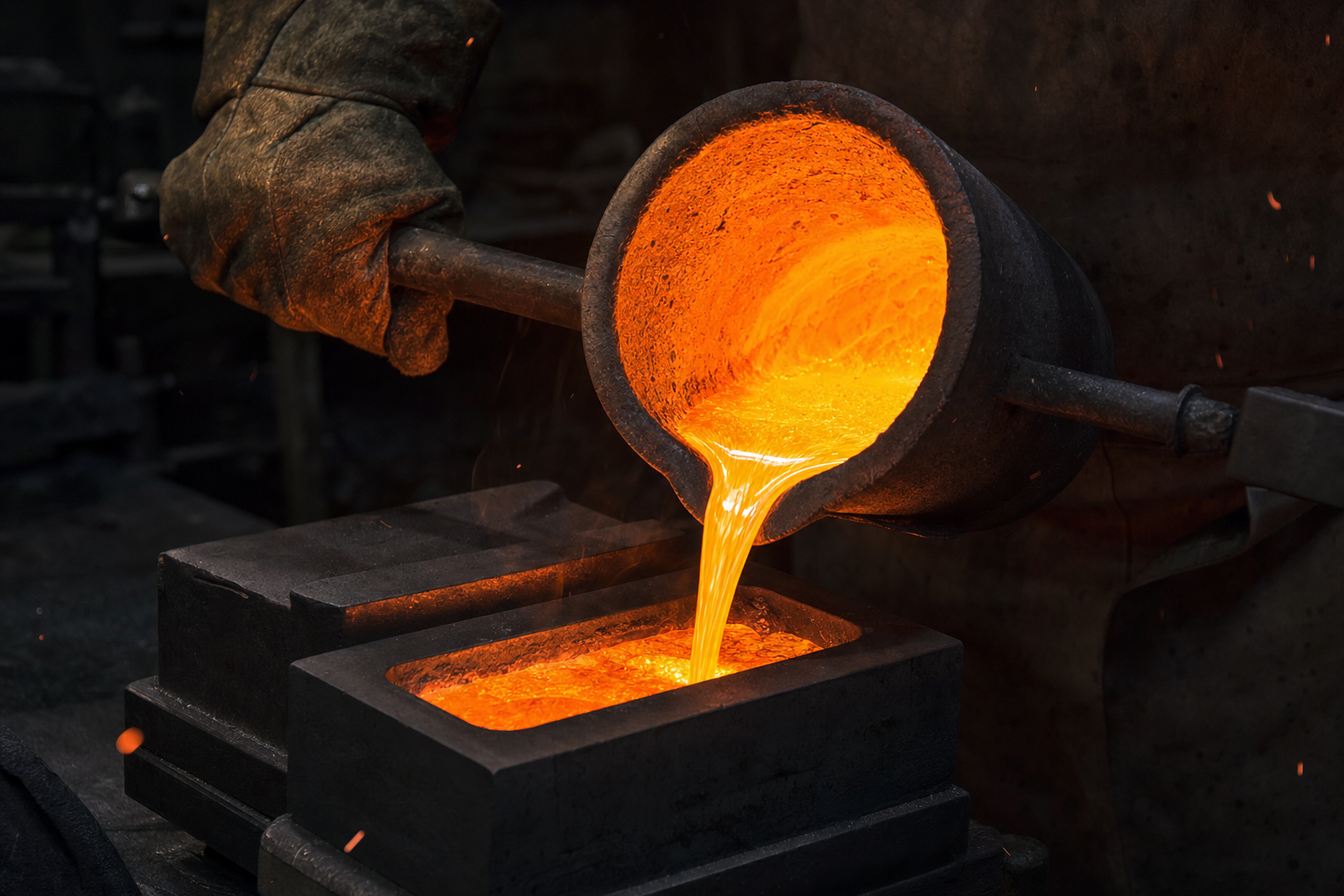 Flüssiges Gold wird aus einem Tiegel in eine Barrenform gegossen