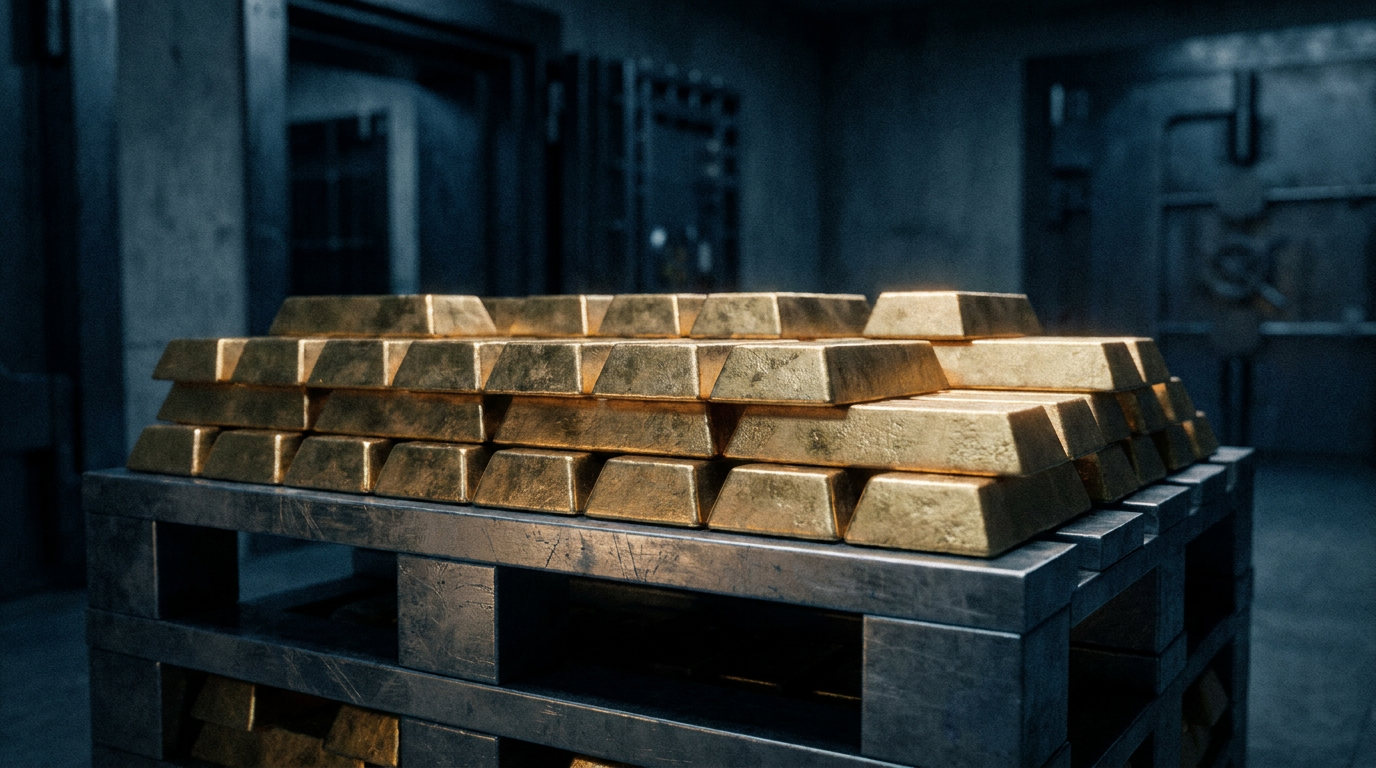 Gestapelte große Gussbarren aus Gold in einem Hochsicherheitstresor