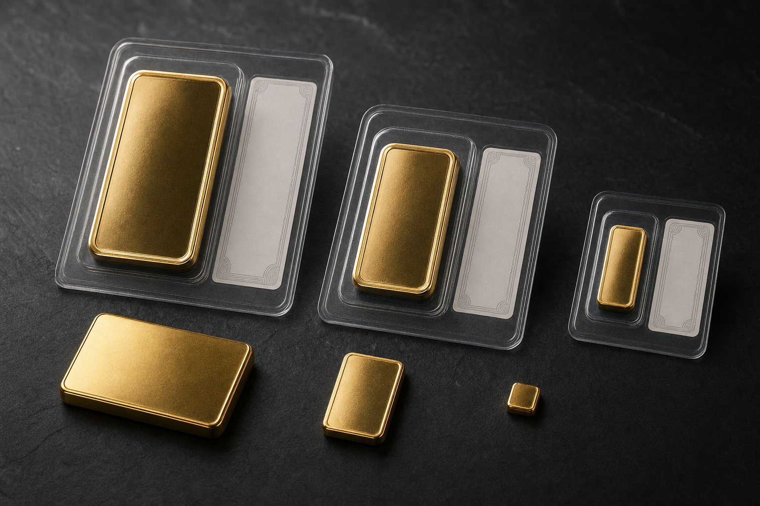 Kleine Goldbarren in Blisterverpackung mit Zertifikatskarte auf dunklem Untergrund