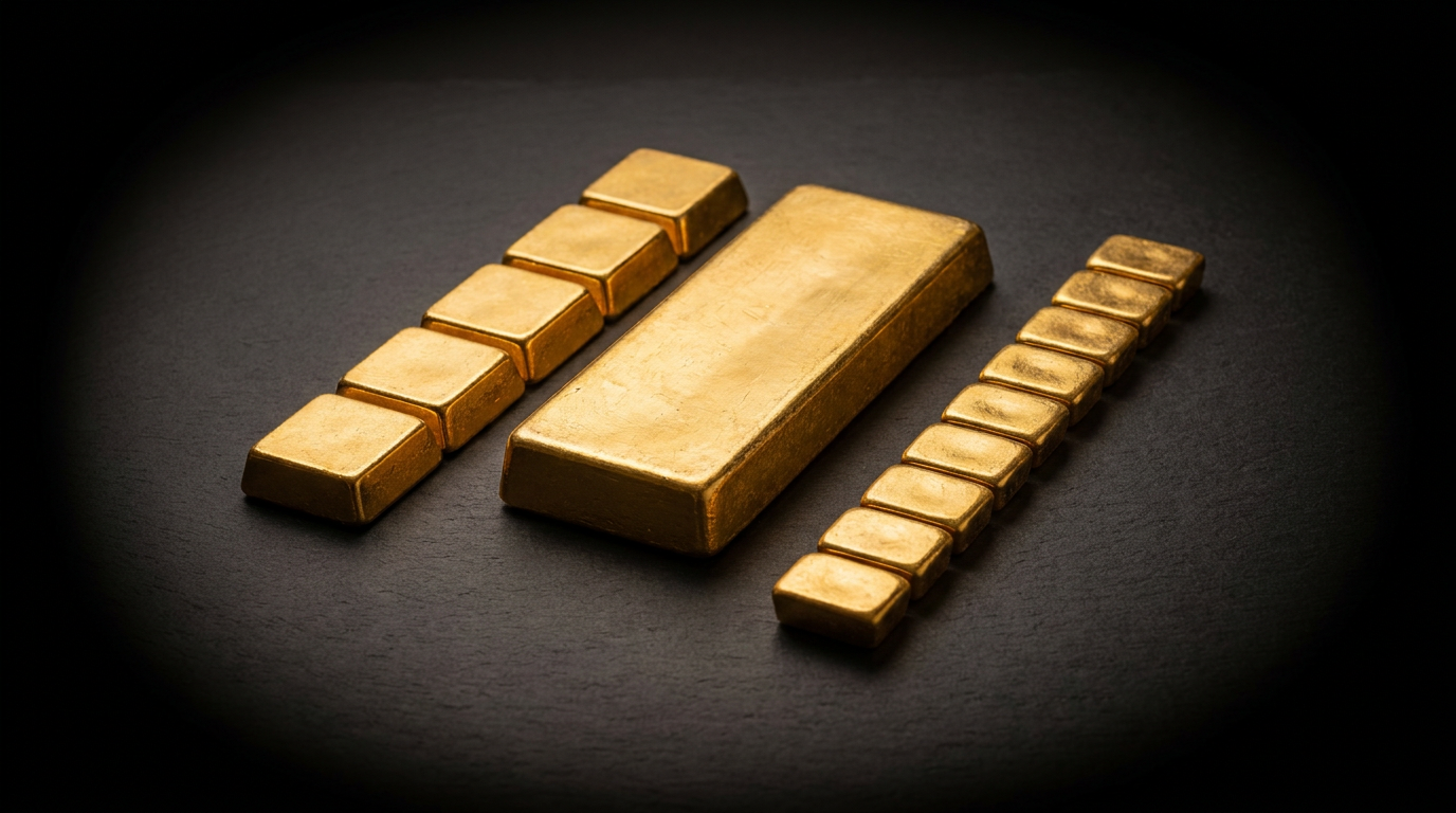Ein großer Kilogramm-Goldbarren umgeben von mittleren und kleinen Goldbarren auf dunklem Schiefer