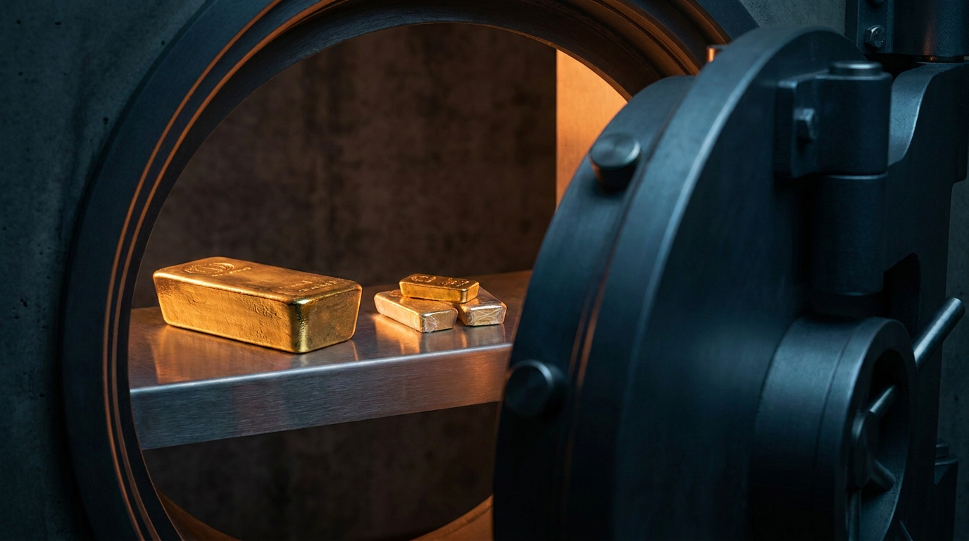 Geöffneter Hochsicherheitstresor mit einem Kilogramm-Goldbarren und kleineren Barren auf einem Stahlregal