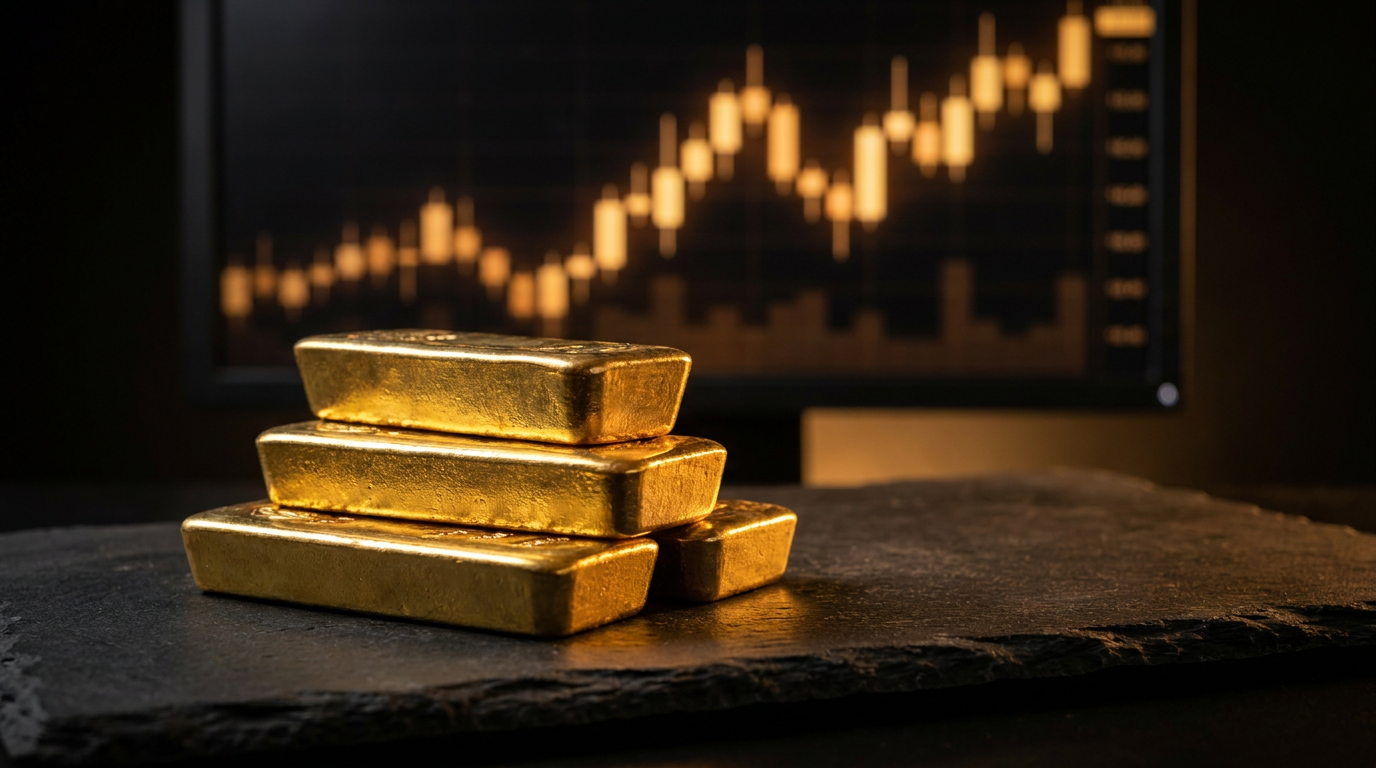 Gestapelte Goldbarren vor einem unscharf im Hintergrund leuchtenden, steigenden Kursverlauf