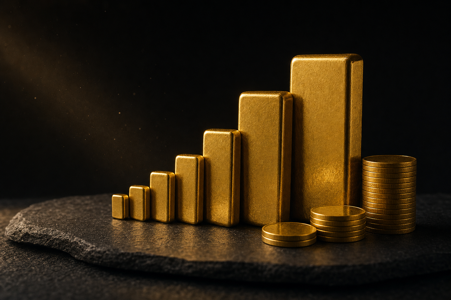 Gestaffelt aufgereihte Goldbarren unterschiedlicher Größe und einige Goldmünzen auf dunklem Schiefer