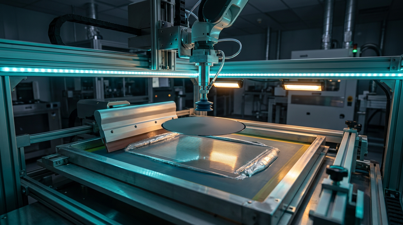 Automatisierte Fertigungslinie einer Solarzellenproduktion mit Siebdruckstation für Metallkontakte