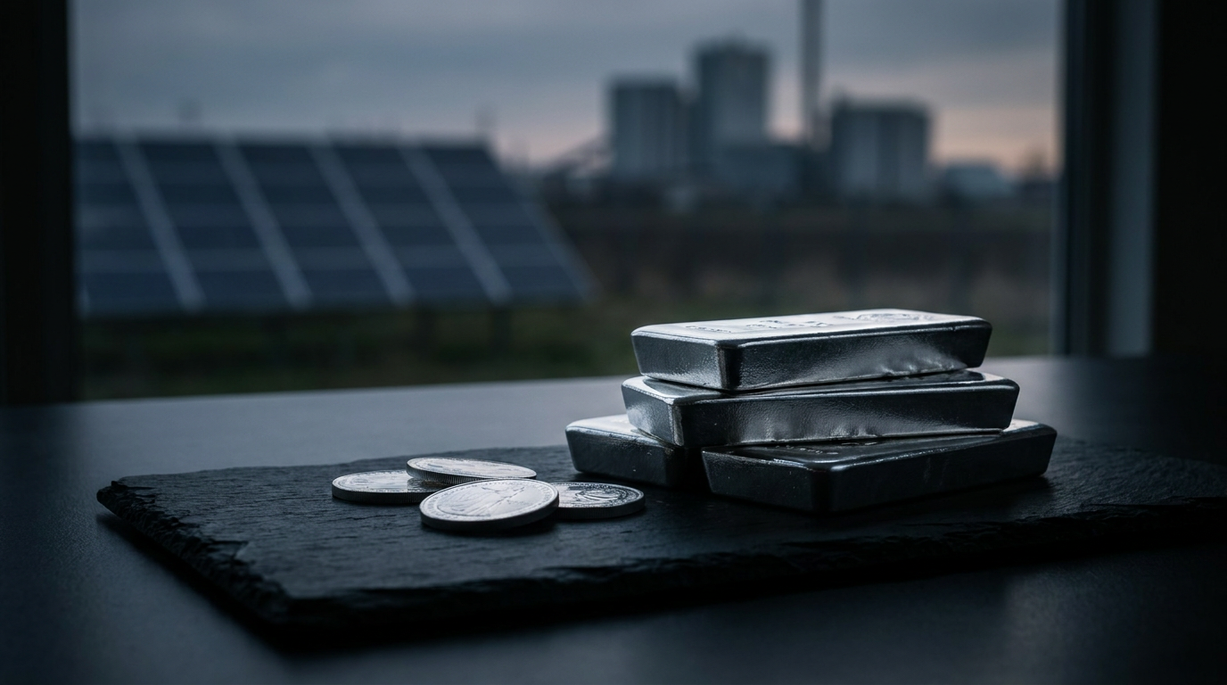 Gestapelte Kilobarren aus Silber und Anlagemünzen auf dunklem Schiefer, im Hintergrund unscharf Solarmodule