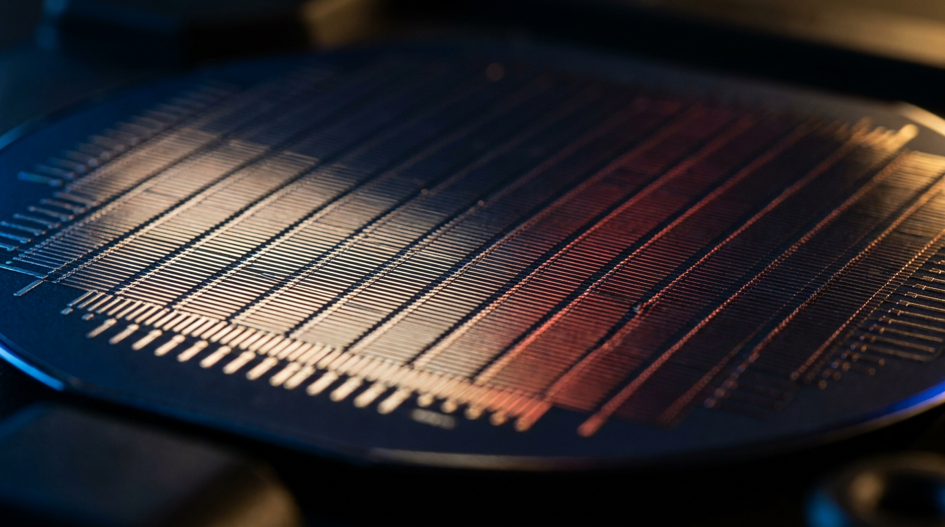 Makroaufnahme einer Solarzelle mit feinen Kontaktfingern, zur Hälfte silbrig, zur Hälfte kupferfarben