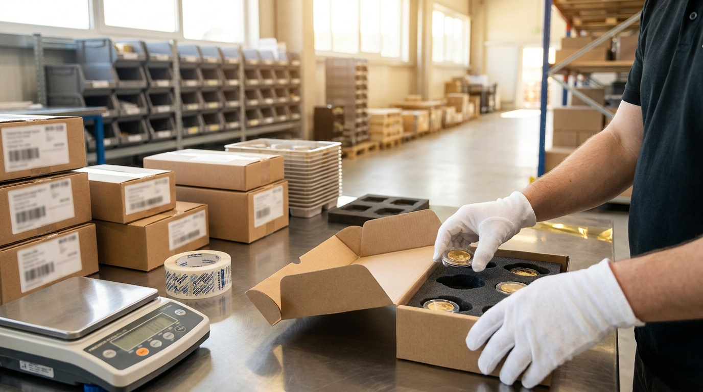 Weiße Baumwollhandschuhe verpacken Goldmünzen in Schutzkapseln an einer hellen Versandstation