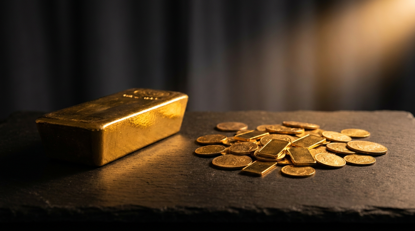 Ein großer Goldbarren neben vielen kleinen Goldmünzen und Grammbarren auf dunklem Schiefer