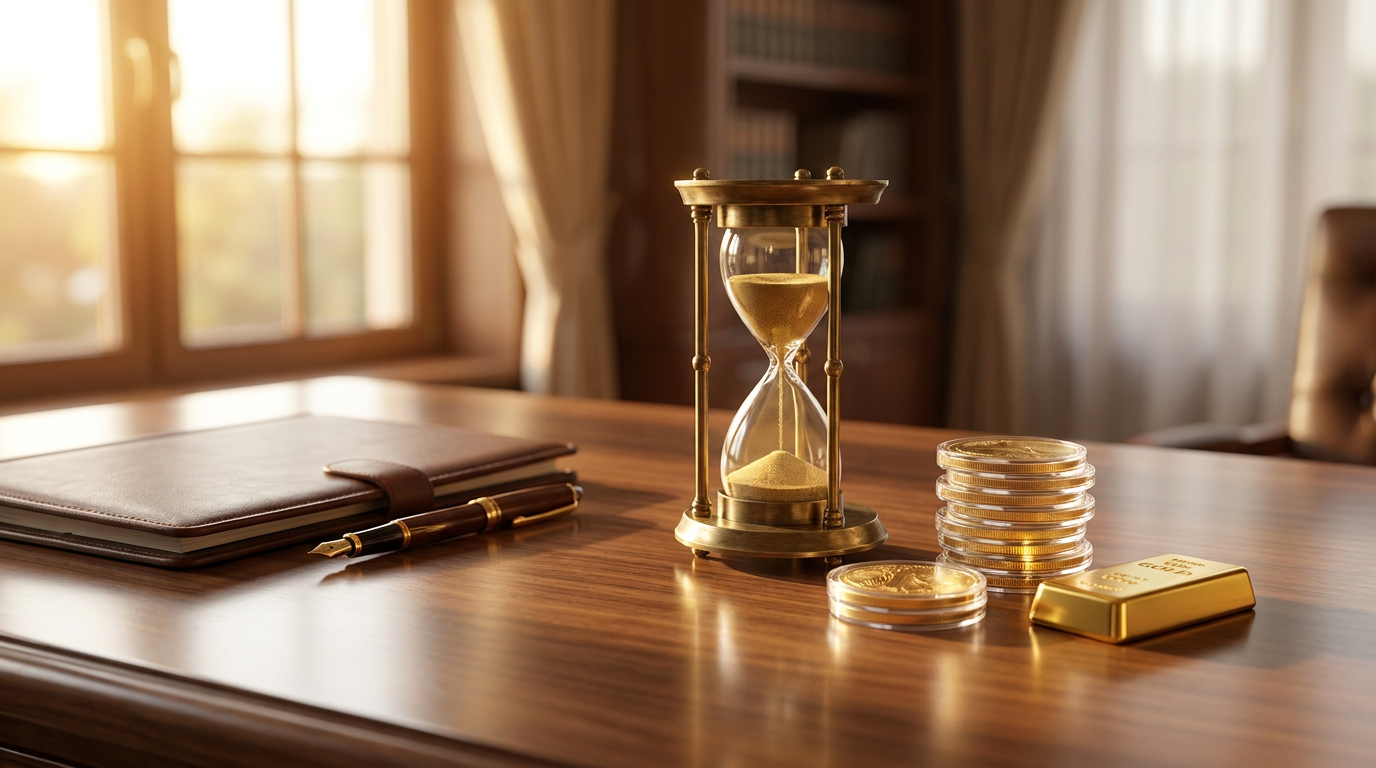 Sanduhr mit goldenem Sand neben gestapelten Goldmünzen und einem kleinen Goldbarren auf einem Schreibtisch
