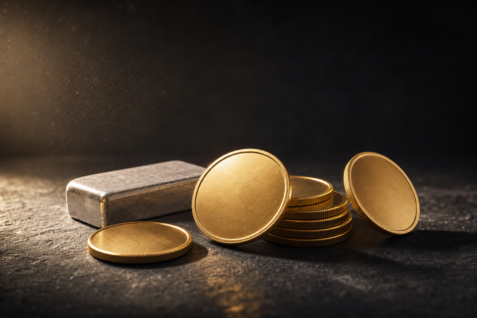 Goldmünzen und ein Silberbarren auf dunklem Schiefer im warmen Streiflicht