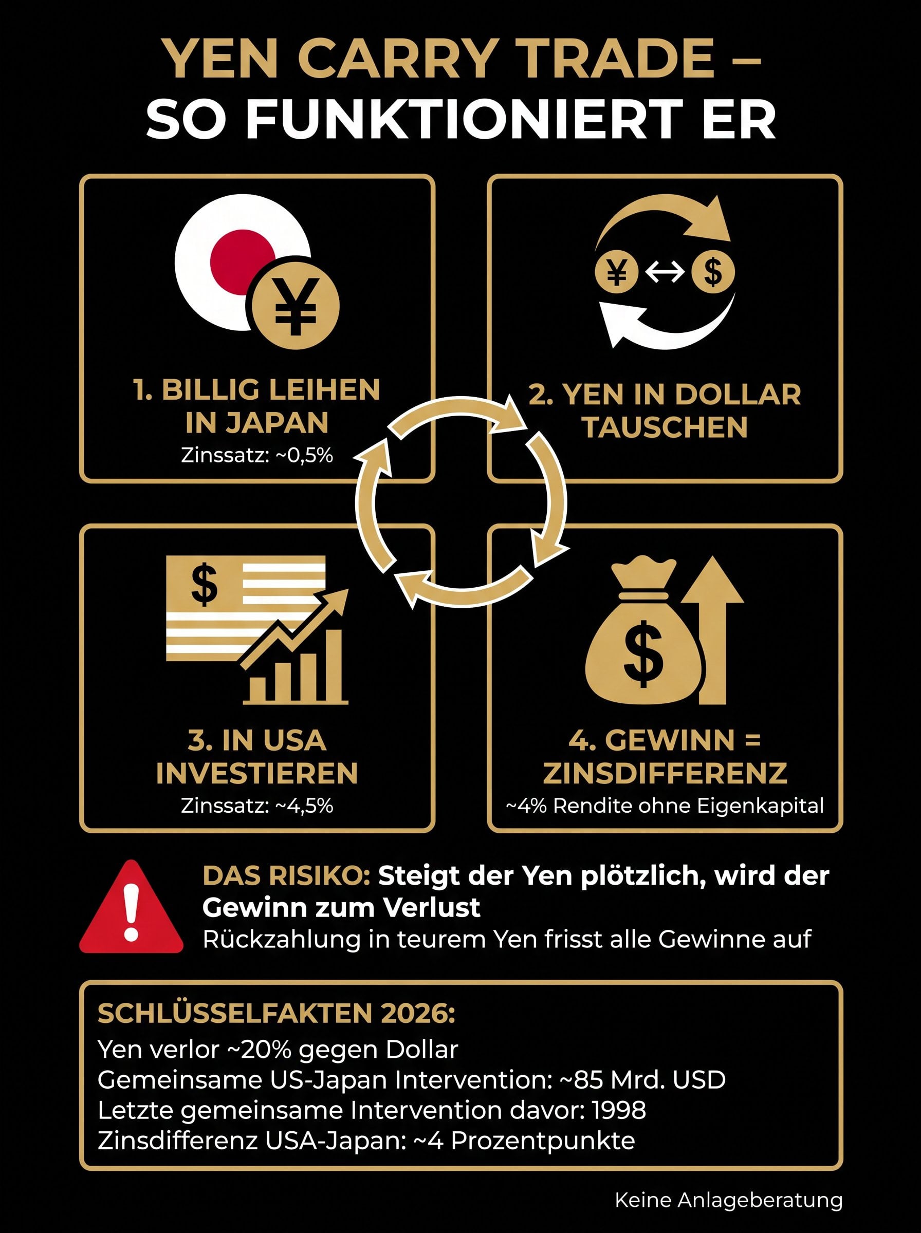 Erklärbild zum Yen-Carry-Trade: Kreditaufnahme in Yen, Tausch in Dollar, Anlage mit höherem Zins und die Gegenbewegung beim Auflösen des Geschäfts