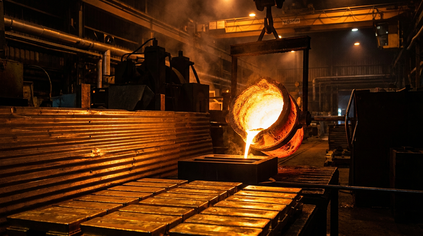 Nächtliche Raffinerie-Szene mit dem Guss von geschmolzenem Gold in eine Barrenform