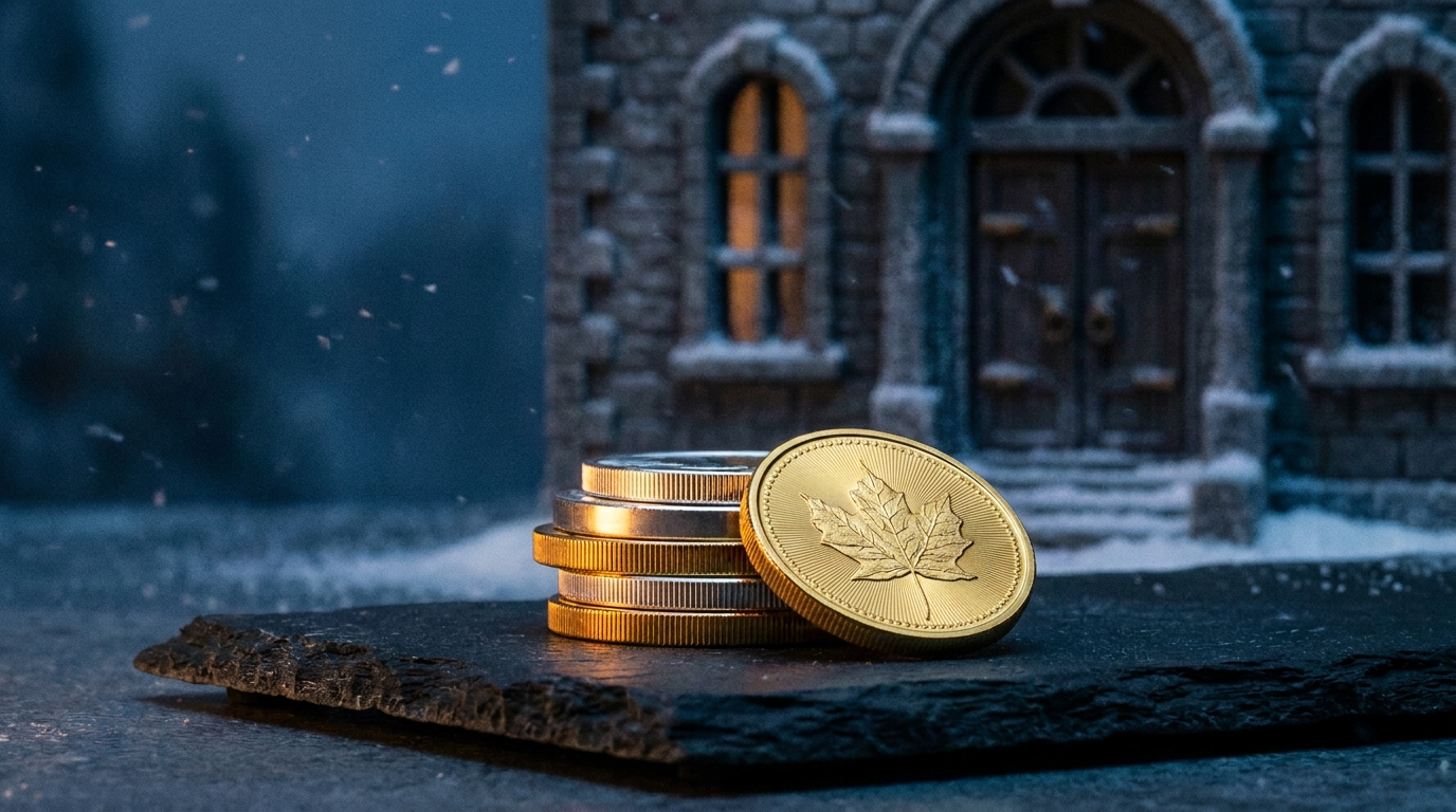 Gold- und Silbermünzen mit Ahornblatt-Prägung vor der Fassade einer Prägestätte in kaltem Abendlicht