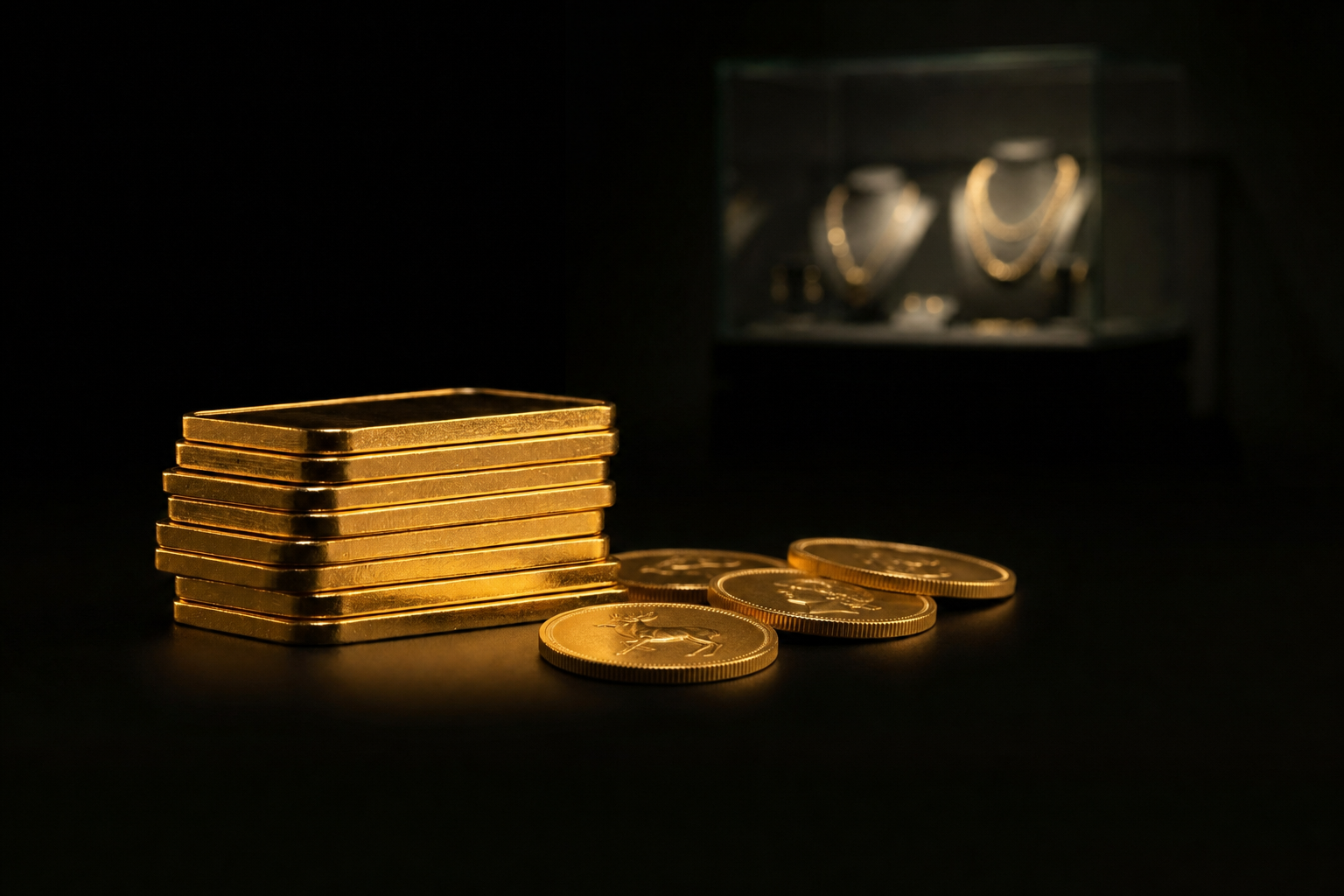 Gestapelte Goldbarren und geprägte Anlagemünzen im Licht, dahinter eine unscharfe, dunkle Schmuckvitrine