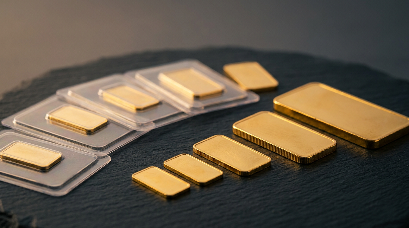 Kleine Goldbarren in Gramm-Formaten neben größeren Barren auf dunkler Fläche