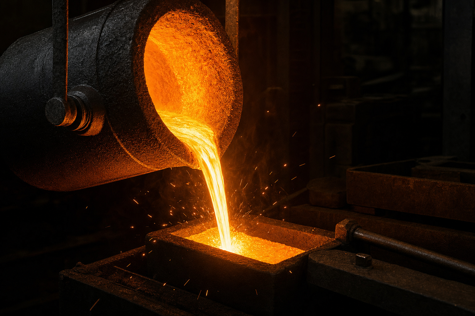 Flüssiges Gold wird in einer dunklen Raffinerie aus dem Tiegel in eine Barrenform gegossen