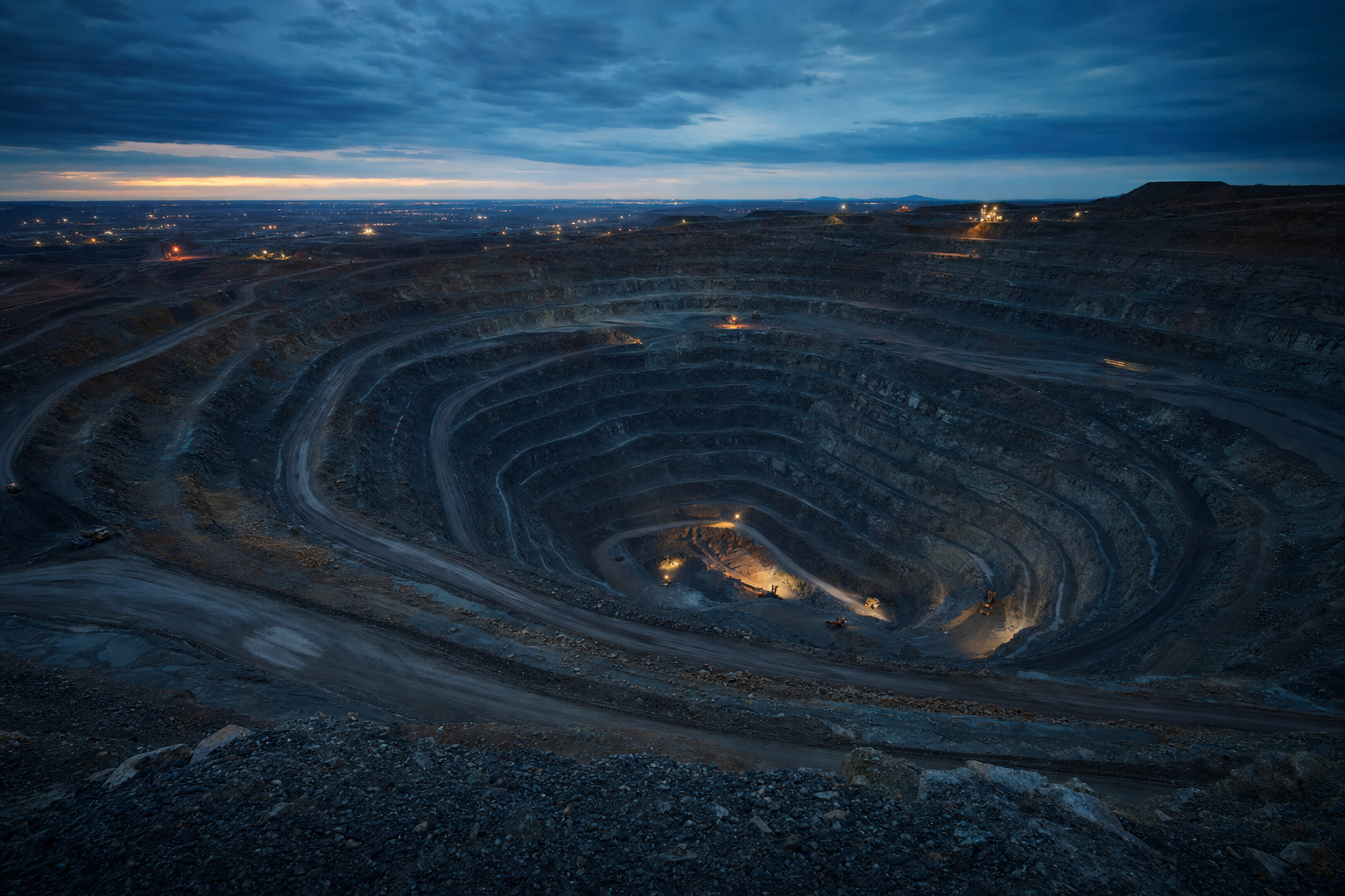 Terrassierter Goldtagebau in der Dämmerung mit spiralförmig abfallenden Abbausohlen
