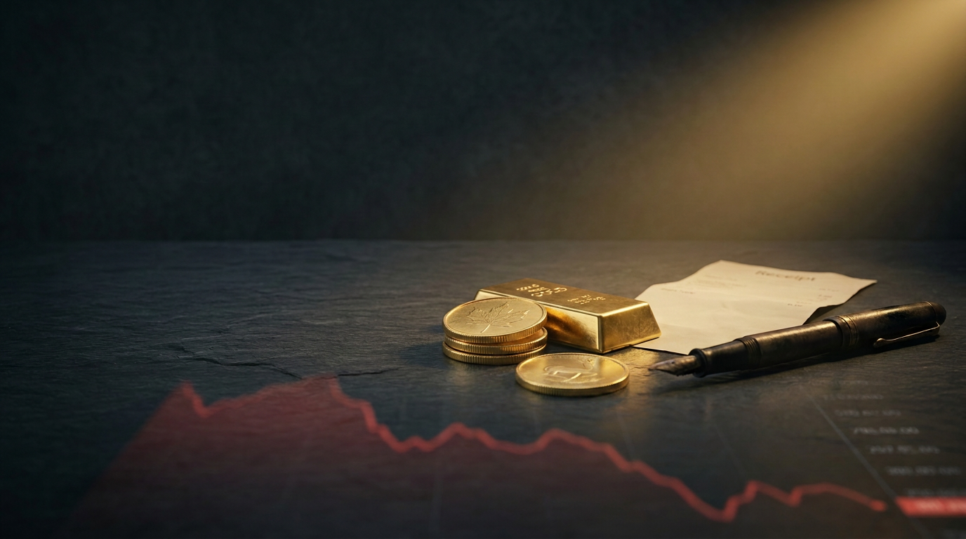Geprägte Goldmünzen und ein Goldbarren neben einem Kaufbeleg auf einem dunklen Schreibtisch