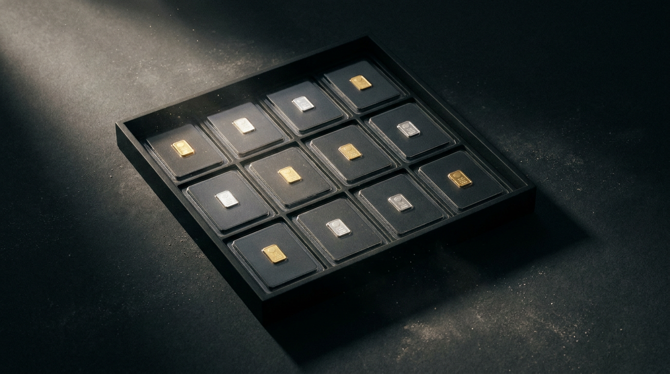 Zwölf kleine Gramm-Barren aus Gold und Silber in Einzelkarten auf dunklem Tablett