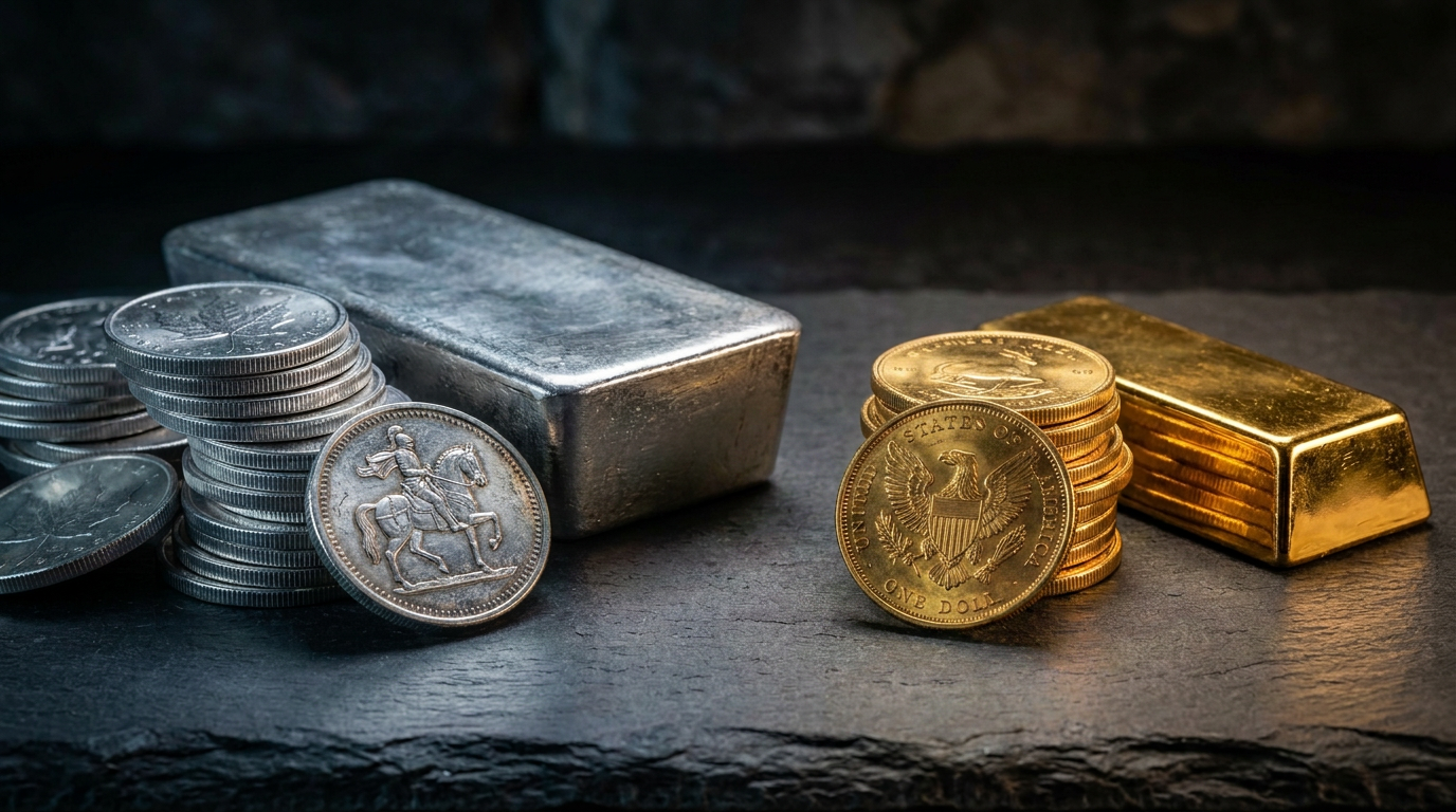 Ein großer Stapel Silbermünzen mit angedeuteten Prägemotiven und ein Silberbarren neben einer kleinen Menge Goldmünzen auf dunkler Schieferplatte